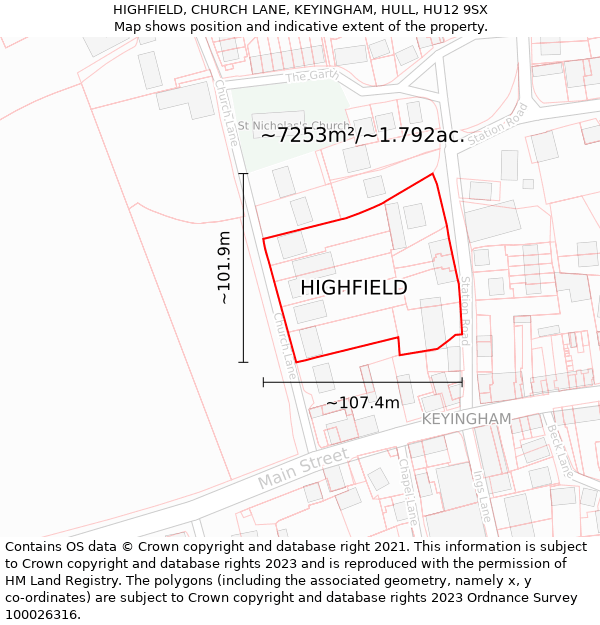 HIGHFIELD, CHURCH LANE, KEYINGHAM, HULL, HU12 9SX: Plot and title map