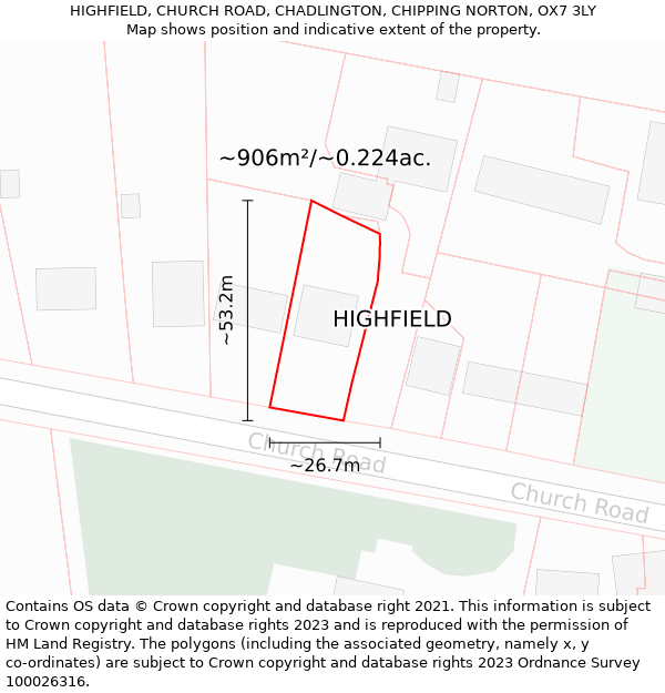 HIGHFIELD, CHURCH ROAD, CHADLINGTON, CHIPPING NORTON, OX7 3LY: Plot and title map