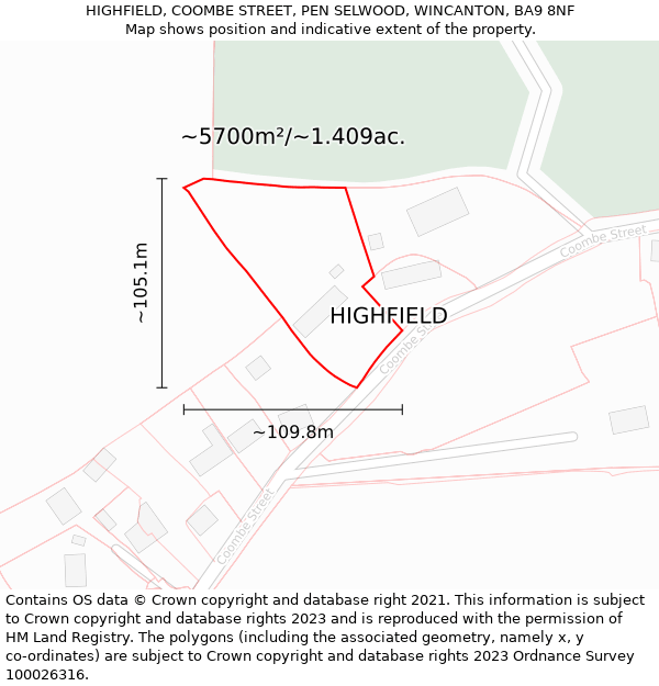 HIGHFIELD, COOMBE STREET, PEN SELWOOD, WINCANTON, BA9 8NF: Plot and title map