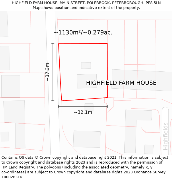 HIGHFIELD FARM HOUSE, MAIN STREET, POLEBROOK, PETERBOROUGH, PE8 5LN: Plot and title map