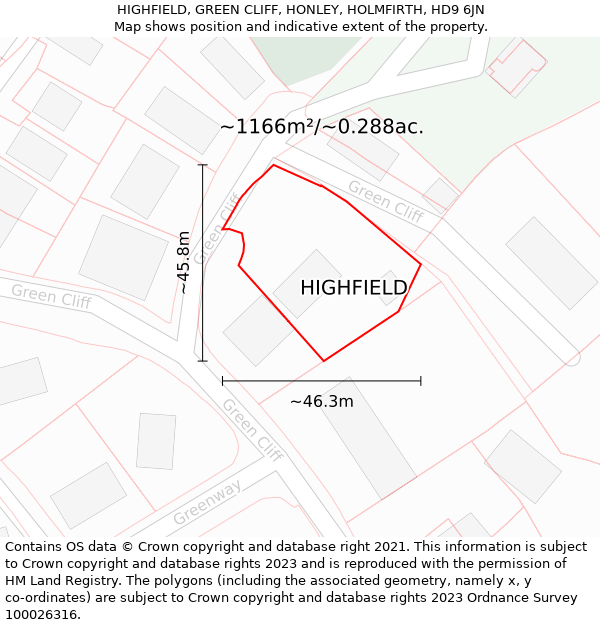 HIGHFIELD, GREEN CLIFF, HONLEY, HOLMFIRTH, HD9 6JN: Plot and title map