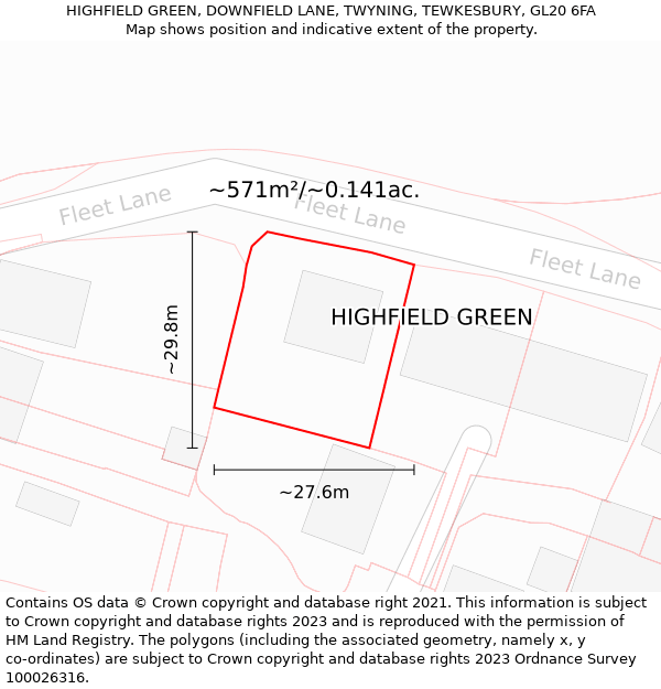 HIGHFIELD GREEN, DOWNFIELD LANE, TWYNING, TEWKESBURY, GL20 6FA: Plot and title map