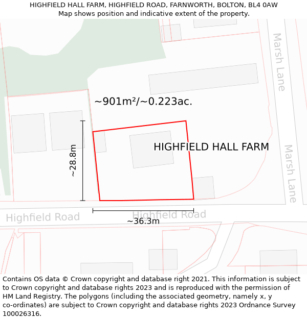 HIGHFIELD HALL FARM, HIGHFIELD ROAD, FARNWORTH, BOLTON, BL4 0AW: Plot and title map