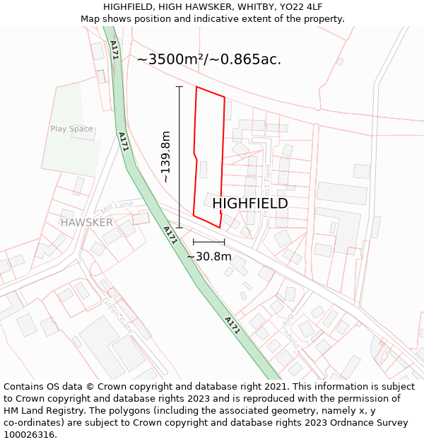 HIGHFIELD, HIGH HAWSKER, WHITBY, YO22 4LF: Plot and title map