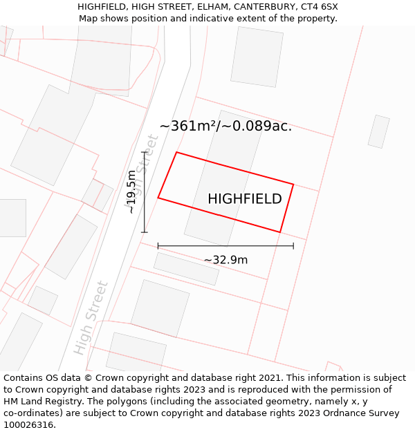 HIGHFIELD, HIGH STREET, ELHAM, CANTERBURY, CT4 6SX: Plot and title map