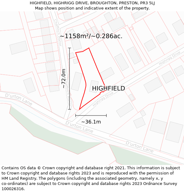 HIGHFIELD, HIGHRIGG DRIVE, BROUGHTON, PRESTON, PR3 5LJ: Plot and title map