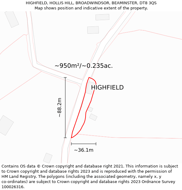 HIGHFIELD, HOLLIS HILL, BROADWINDSOR, BEAMINSTER, DT8 3QS: Plot and title map