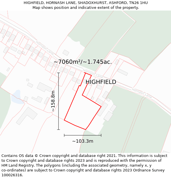 HIGHFIELD, HORNASH LANE, SHADOXHURST, ASHFORD, TN26 1HU: Plot and title map