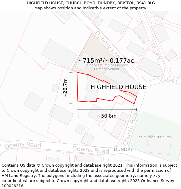 HIGHFIELD HOUSE, CHURCH ROAD, DUNDRY, BRISTOL, BS41 8LG: Plot and title map