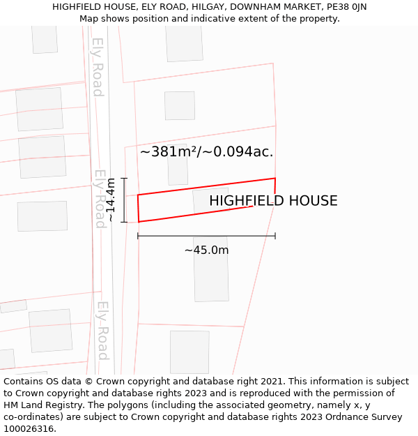 HIGHFIELD HOUSE, ELY ROAD, HILGAY, DOWNHAM MARKET, PE38 0JN: Plot and title map