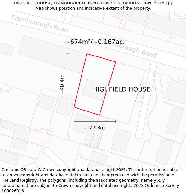 HIGHFIELD HOUSE, FLAMBOROUGH ROAD, BEMPTON, BRIDLINGTON, YO15 1JQ: Plot and title map