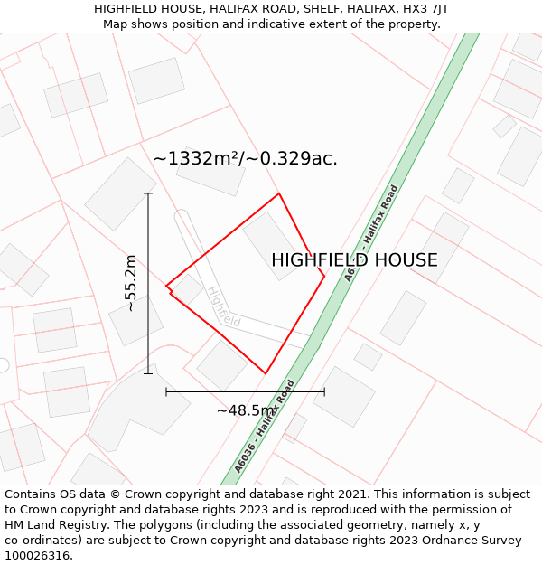 HIGHFIELD HOUSE, HALIFAX ROAD, SHELF, HALIFAX, HX3 7JT: Plot and title map