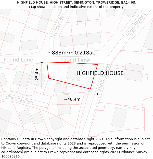 HIGHFIELD HOUSE, HIGH STREET, SEMINGTON, TROWBRIDGE, BA14 6JN: Plot and title map