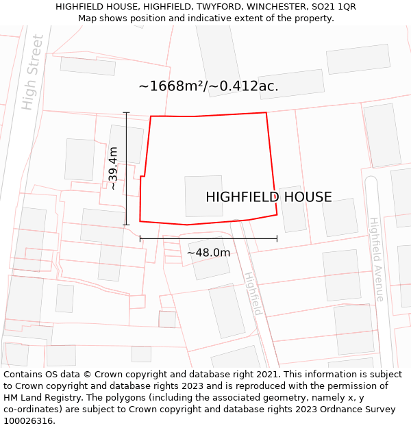 HIGHFIELD HOUSE, HIGHFIELD, TWYFORD, WINCHESTER, SO21 1QR: Plot and title map