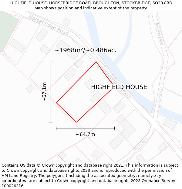 HIGHFIELD HOUSE, HORSEBRIDGE ROAD, BROUGHTON, STOCKBRIDGE, SO20 8BD: Plot and title map