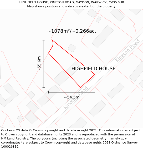 HIGHFIELD HOUSE, KINETON ROAD, GAYDON, WARWICK, CV35 0HB: Plot and title map