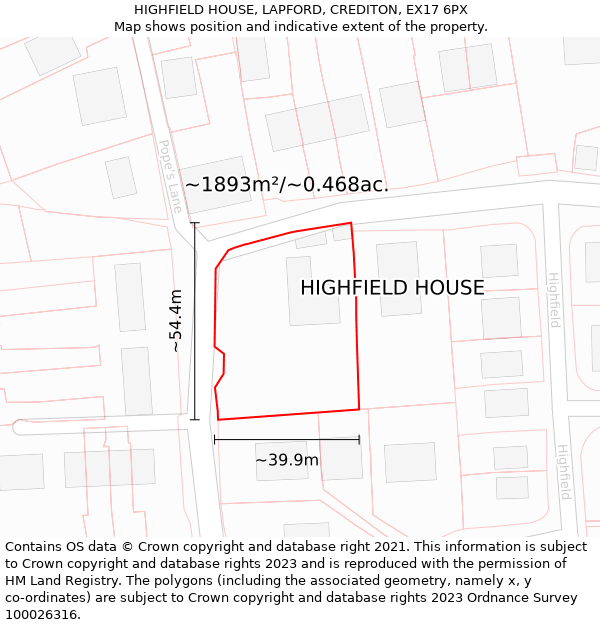 HIGHFIELD HOUSE, LAPFORD, CREDITON, EX17 6PX: Plot and title map