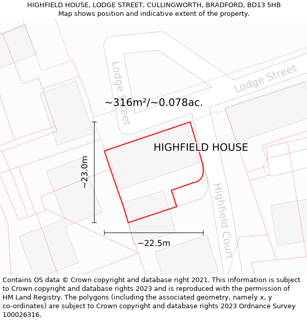 HIGHFIELD HOUSE, LODGE STREET, CULLINGWORTH, BRADFORD, BD13 5HB: Plot and title map