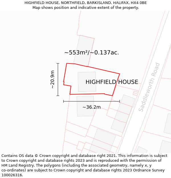 HIGHFIELD HOUSE, NORTHFIELD, BARKISLAND, HALIFAX, HX4 0BE: Plot and title map