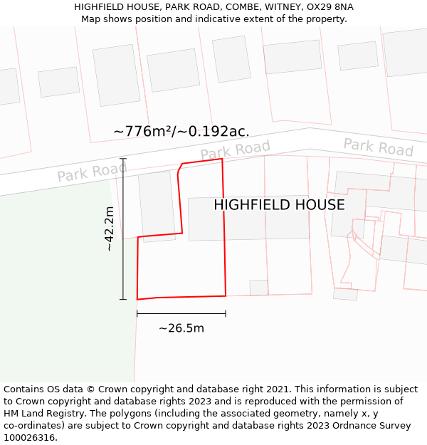 HIGHFIELD HOUSE, PARK ROAD, COMBE, WITNEY, OX29 8NA: Plot and title map