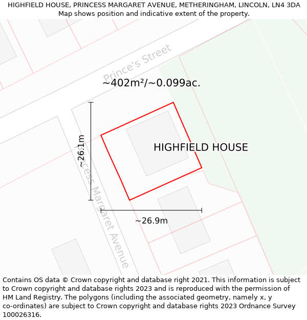 HIGHFIELD HOUSE, PRINCESS MARGARET AVENUE, METHERINGHAM, LINCOLN, LN4 3DA: Plot and title map