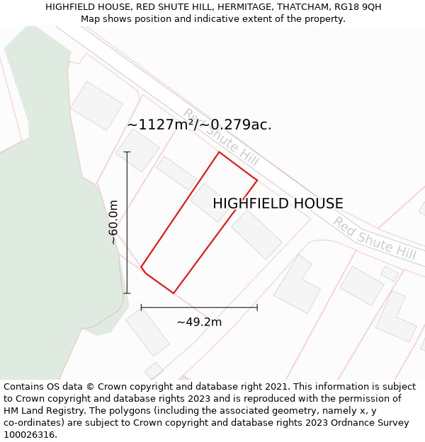 HIGHFIELD HOUSE, RED SHUTE HILL, HERMITAGE, THATCHAM, RG18 9QH: Plot and title map