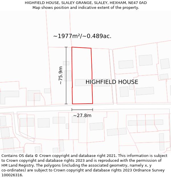 HIGHFIELD HOUSE, SLALEY GRANGE, SLALEY, HEXHAM, NE47 0AD: Plot and title map