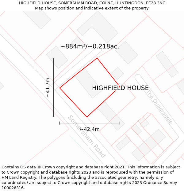 HIGHFIELD HOUSE, SOMERSHAM ROAD, COLNE, HUNTINGDON, PE28 3NG: Plot and title map