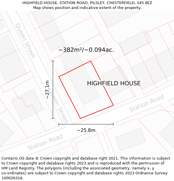 HIGHFIELD HOUSE, STATION ROAD, PILSLEY, CHESTERFIELD, S45 8EZ: Plot and title map