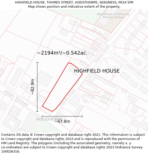 HIGHFIELD HOUSE, THAMES STREET, HOGSTHORPE, SKEGNESS, PE24 5PR: Plot and title map