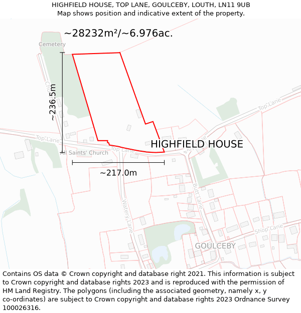 HIGHFIELD HOUSE, TOP LANE, GOULCEBY, LOUTH, LN11 9UB: Plot and title map