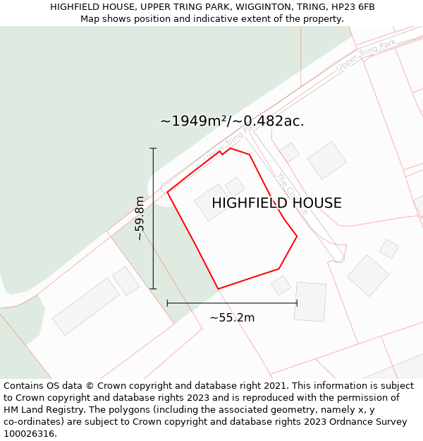 HIGHFIELD HOUSE, UPPER TRING PARK, WIGGINTON, TRING, HP23 6FB: Plot and title map