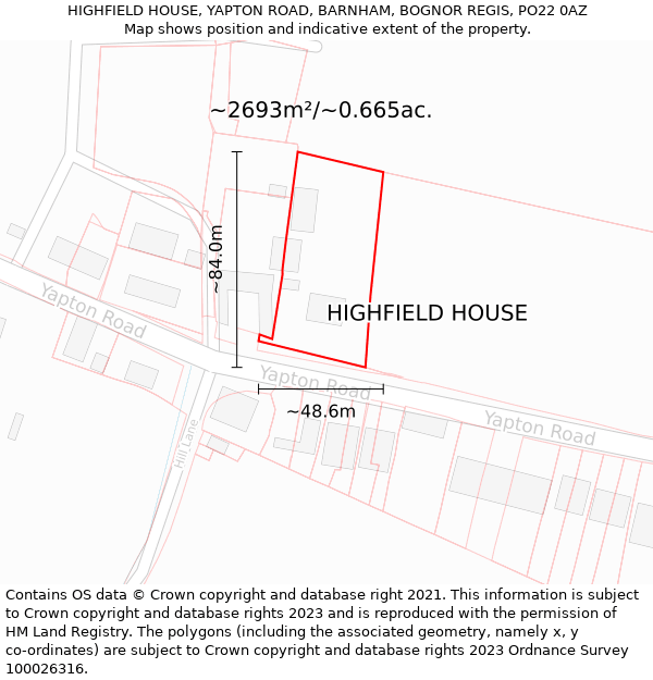 HIGHFIELD HOUSE, YAPTON ROAD, BARNHAM, BOGNOR REGIS, PO22 0AZ: Plot and title map