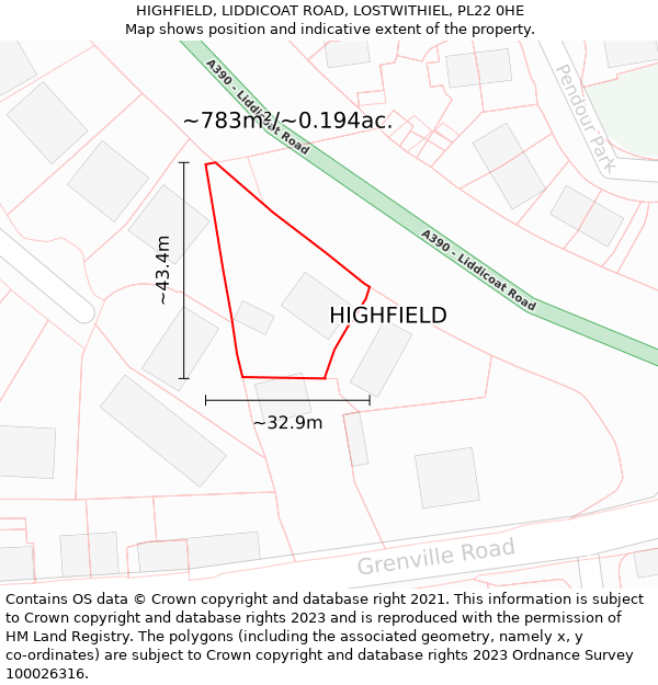 HIGHFIELD, LIDDICOAT ROAD, LOSTWITHIEL, PL22 0HE: Plot and title map