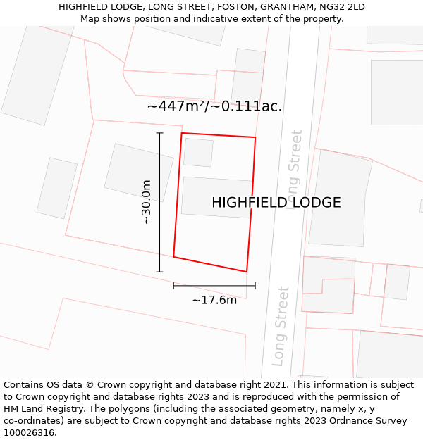 HIGHFIELD LODGE, LONG STREET, FOSTON, GRANTHAM, NG32 2LD: Plot and title map
