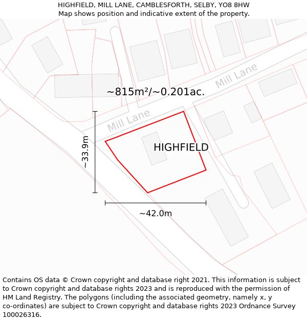 HIGHFIELD, MILL LANE, CAMBLESFORTH, SELBY, YO8 8HW: Plot and title map
