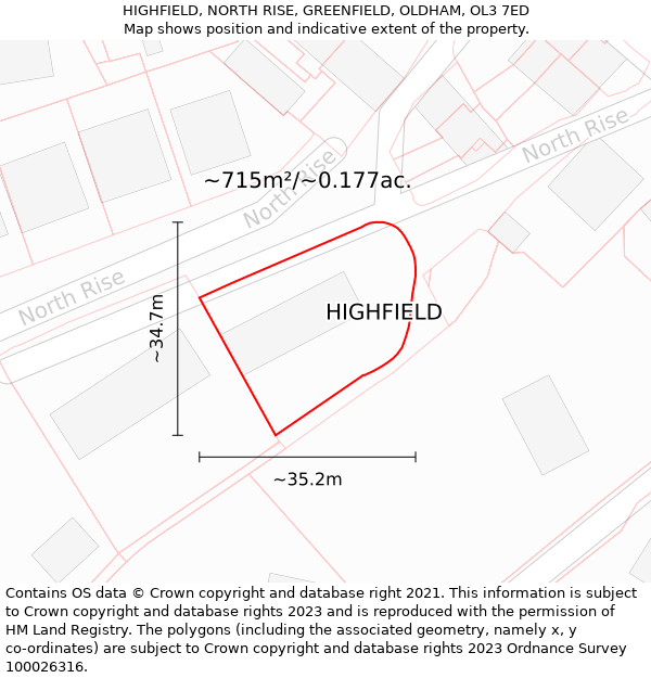 HIGHFIELD, NORTH RISE, GREENFIELD, OLDHAM, OL3 7ED: Plot and title map