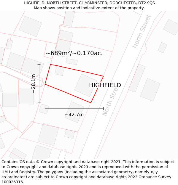 HIGHFIELD, NORTH STREET, CHARMINSTER, DORCHESTER, DT2 9QS: Plot and title map