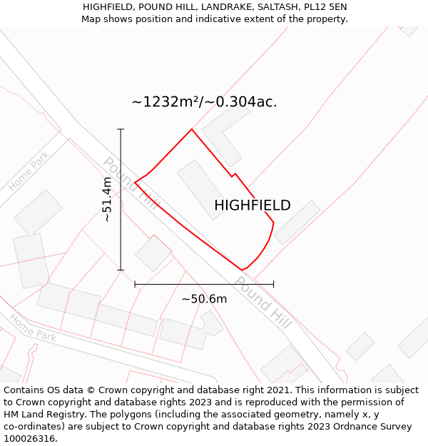 HIGHFIELD, POUND HILL, LANDRAKE, SALTASH, PL12 5EN: Plot and title map