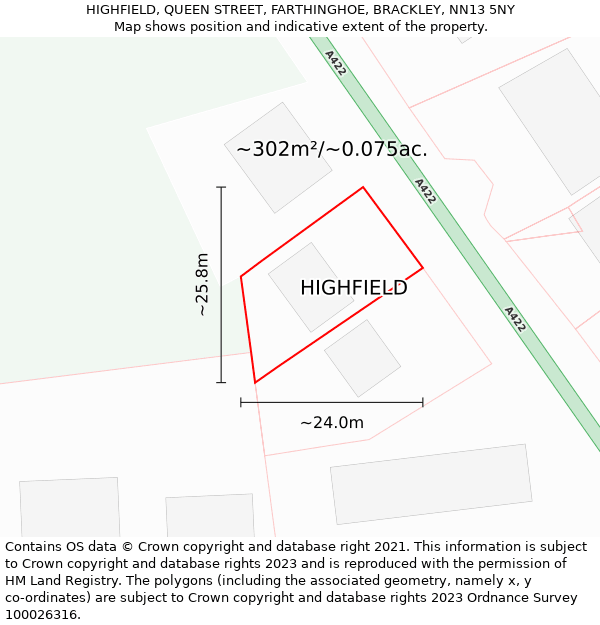 HIGHFIELD, QUEEN STREET, FARTHINGHOE, BRACKLEY, NN13 5NY: Plot and title map