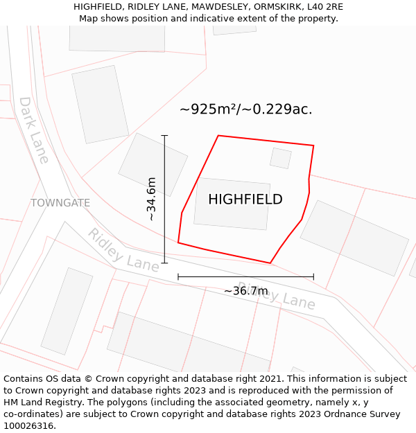 HIGHFIELD, RIDLEY LANE, MAWDESLEY, ORMSKIRK, L40 2RE: Plot and title map