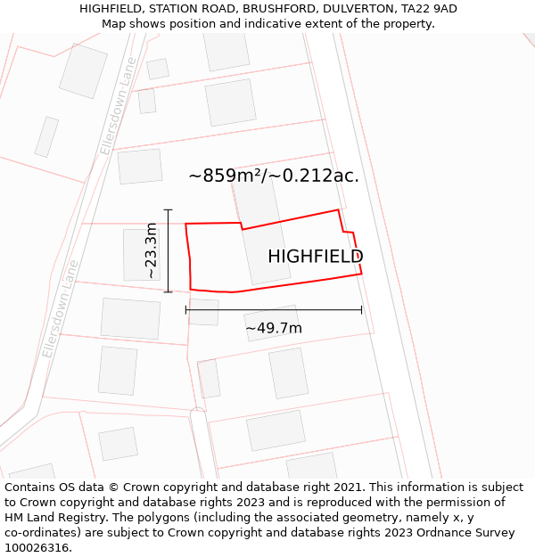 HIGHFIELD, STATION ROAD, BRUSHFORD, DULVERTON, TA22 9AD: Plot and title map