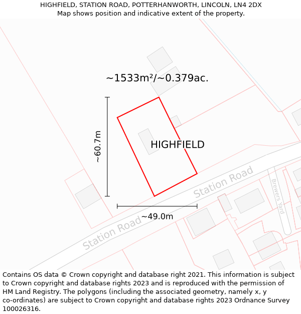 HIGHFIELD, STATION ROAD, POTTERHANWORTH, LINCOLN, LN4 2DX: Plot and title map