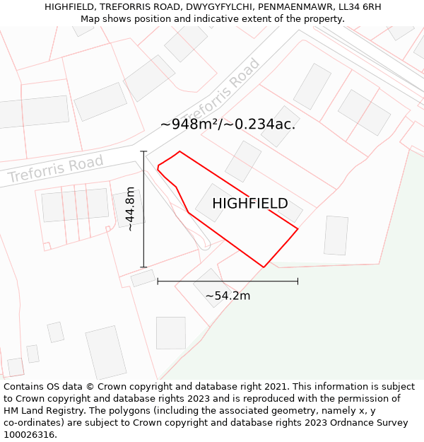 HIGHFIELD, TREFORRIS ROAD, DWYGYFYLCHI, PENMAENMAWR, LL34 6RH: Plot and title map