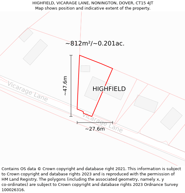 HIGHFIELD, VICARAGE LANE, NONINGTON, DOVER, CT15 4JT: Plot and title map