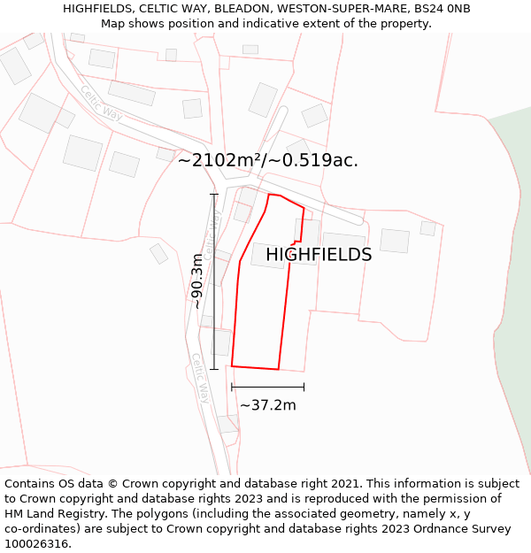 HIGHFIELDS, CELTIC WAY, BLEADON, WESTON-SUPER-MARE, BS24 0NB: Plot and title map