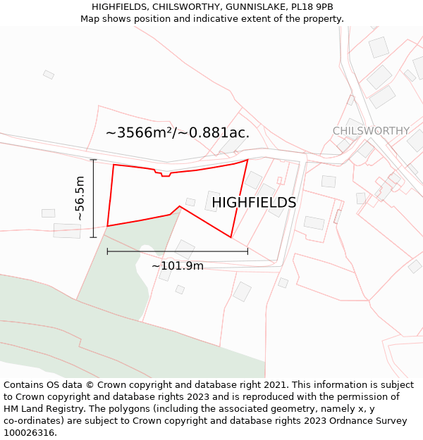 HIGHFIELDS, CHILSWORTHY, GUNNISLAKE, PL18 9PB: Plot and title map