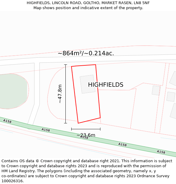 HIGHFIELDS, LINCOLN ROAD, GOLTHO, MARKET RASEN, LN8 5NF: Plot and title map