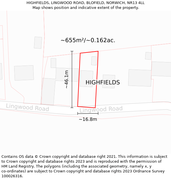 HIGHFIELDS, LINGWOOD ROAD, BLOFIELD, NORWICH, NR13 4LL: Plot and title map