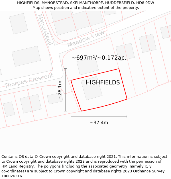 HIGHFIELDS, MANORSTEAD, SKELMANTHORPE, HUDDERSFIELD, HD8 9DW: Plot and title map